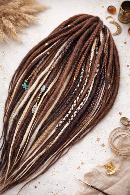 Warm Brown & Milky Blonde Boho Fake Dreads and Braids Mix – Multi-Tone Double Ended Extensions