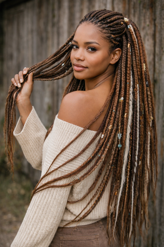 Warme braune, milchige blonde Boho Fake Dreads – Mehrfarbige Double Ended Dreads und Braids