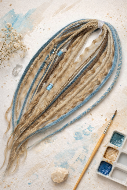 Schmutziges Blond Blaue Boho-Fake Dreads – Doppelt gelegte Kunst-Dreads mit lockeren Locken