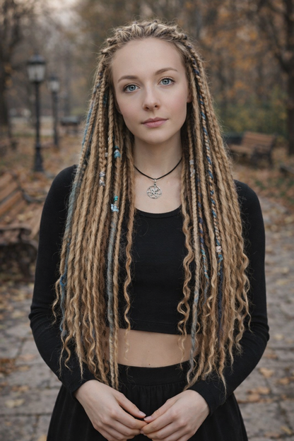 Schmutziges Blond Blaue Boho-Fake Dreads – Doppelt gelegte Kunst-Dreads mit lockeren Locken