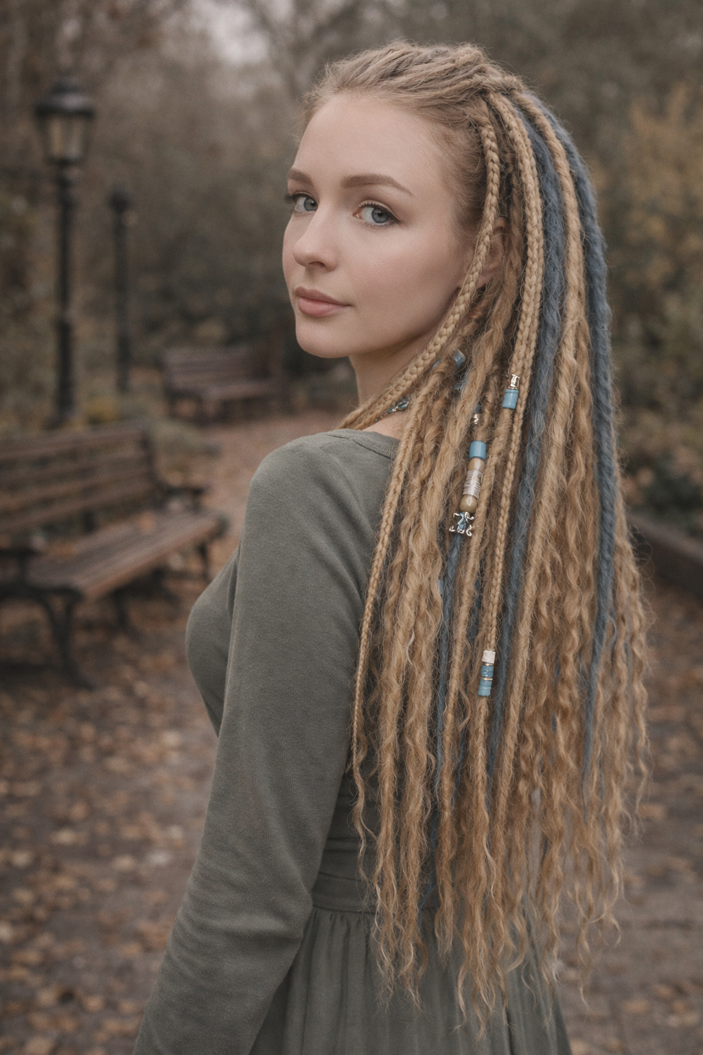 Schmutziges Blond Blaue Boho-Fake Dreads – Doppelt gelegte Kunst-Dreads mit lockeren Locken