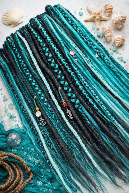 Boho Teal & Black Split Double Ended Dreadlocks – Synthetic DE Dreads and Braids Set