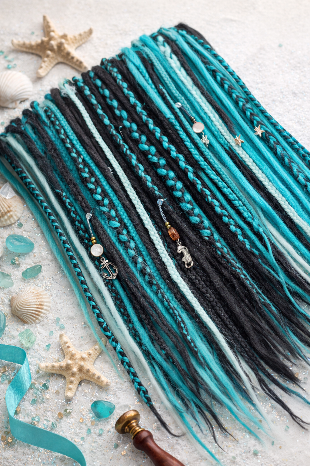 Boho Teal & Black Split Double Ended Dreadlocks – Synthetic DE Dreads and Braids Set