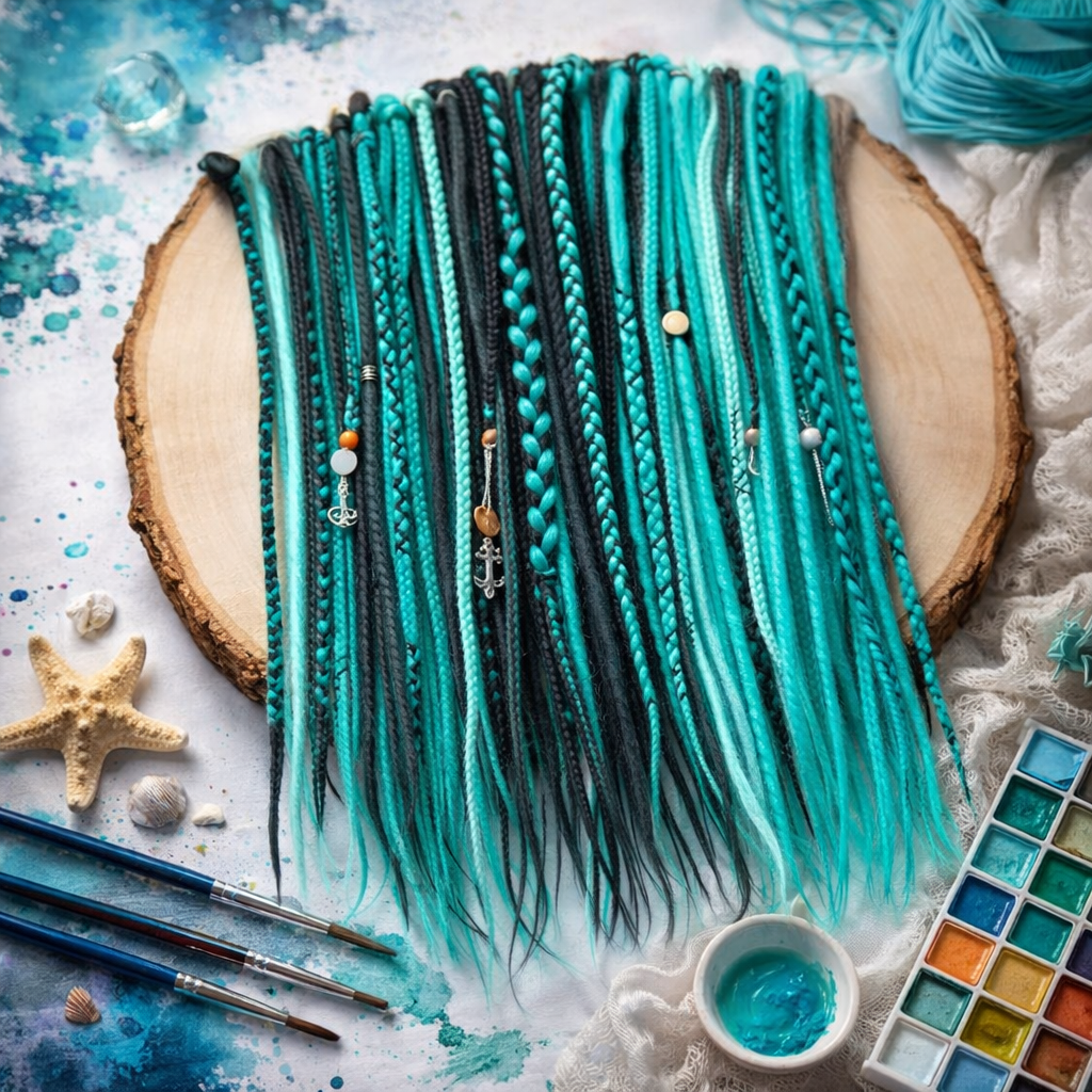 Boho Teal & Black Split Double Ended Dreadlocks – Synthetic DE Dreads and Braids Set