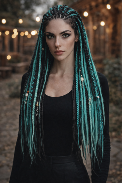 Boho Teal & Black Split Double Ended Dreadlocks – Synthetic DE Dreads and Braids Set