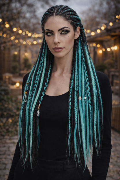 Boho Teal & Black Split Double Ended Dreadlocks – Synthetic DE Dreads and Braids Set