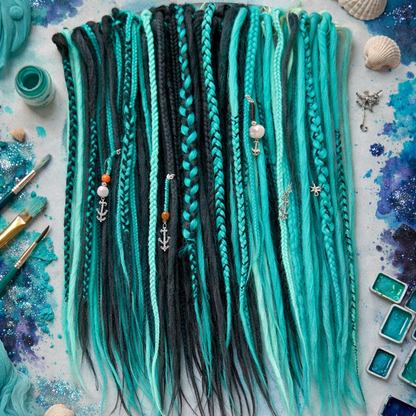 Boho Teal & Black Split Double Ended Dreadlocks – Synthetic DE Dreads and Braids Set