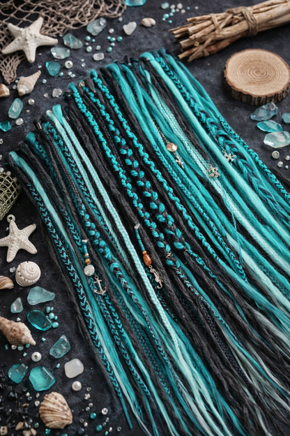 Boho Teal & Black Split Double Ended Dreadlocks – Synthetic DE Dreads and Braids Set