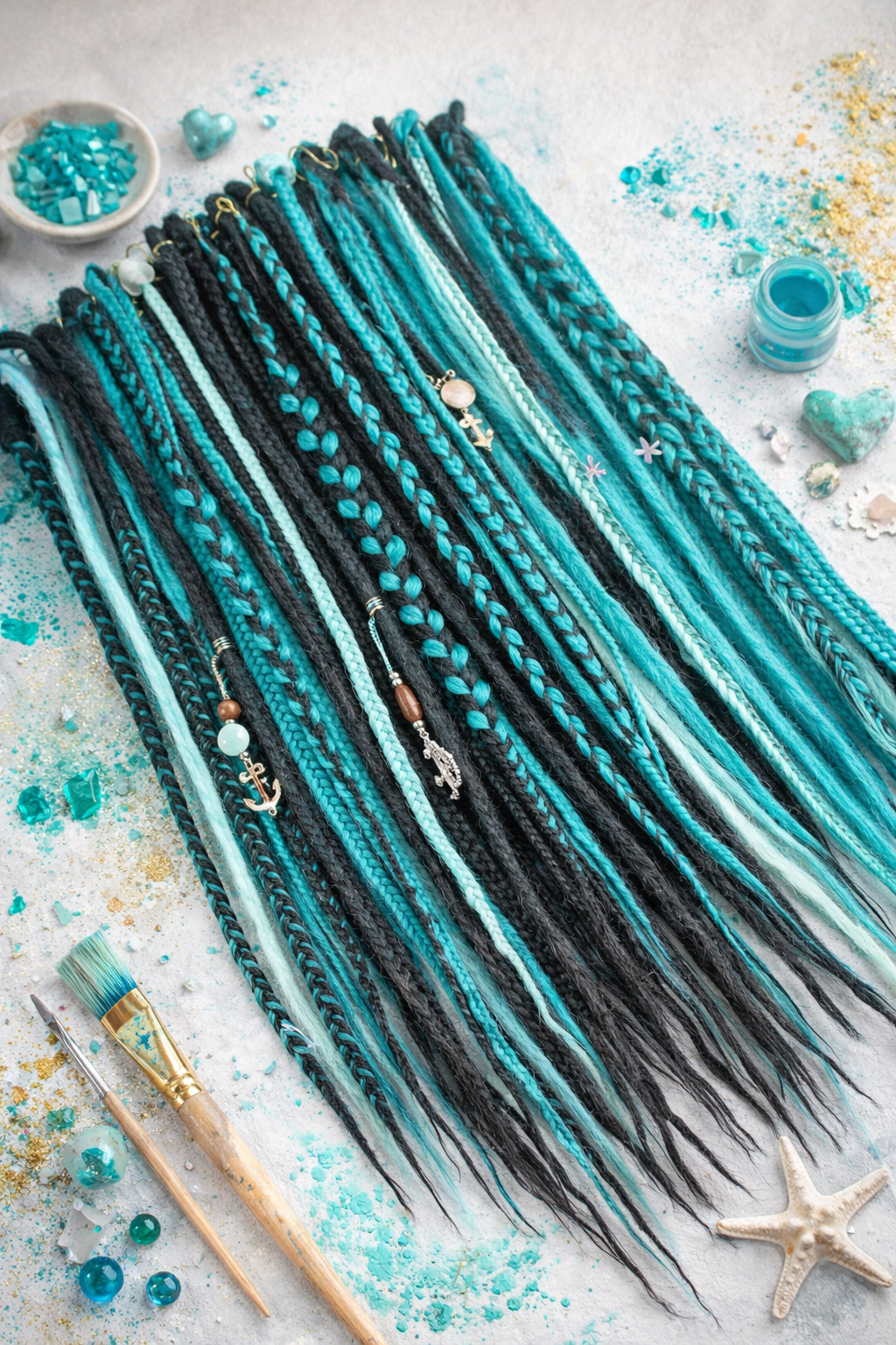 Boho Teal & Black Split Double Ended Dreadlocks – Synthetic DE Dreads and Braids Set