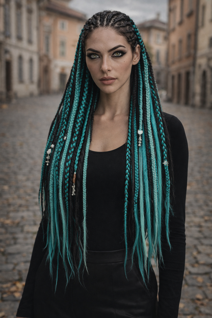 Boho Teal & Black Split Double Ended Dreadlocks – Synthetic DE Dreads and Braids Set