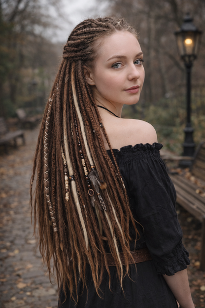 Multi-Tone Brown Blonde Boho Fake Dreads – Dreads and Braids with Feather Accents