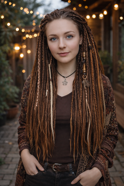 Multi-Tone Brown Blonde Boho Fake Dreads – Dreads and Braids with Feather Accents