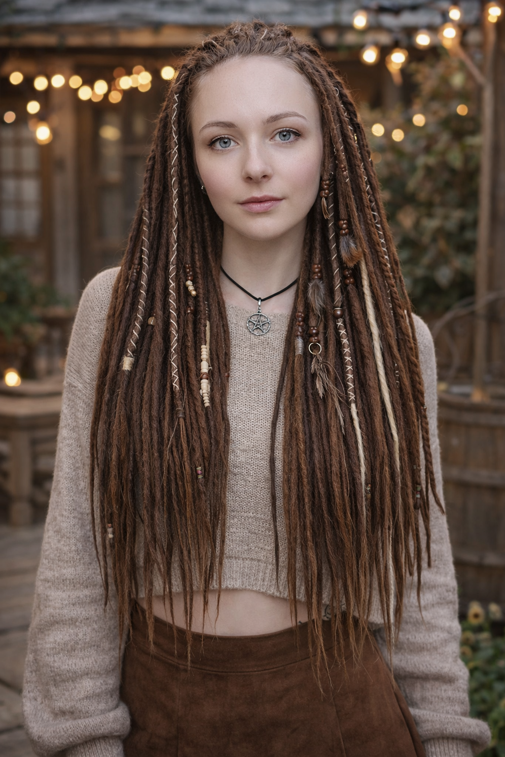 Multi-Tone Brown Blonde Boho Fake Dreads – Dreads and Braids with Feather Accents