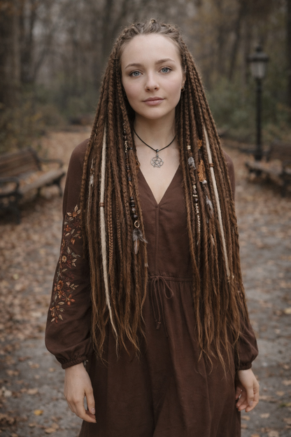 Multi-Tone Brown Blonde Boho Fake Dreads – Dreads and Braids with Feather Accents