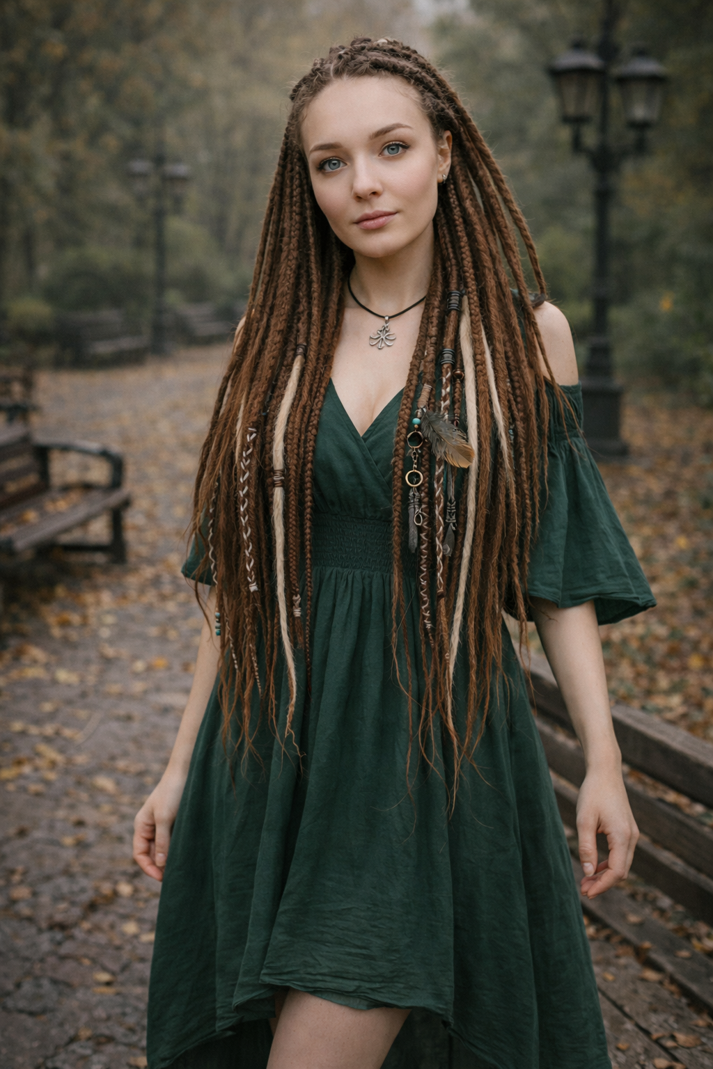 Multi-Tone Brown Blonde Boho Fake Dreads – Dreads and Braids with Feather Accents