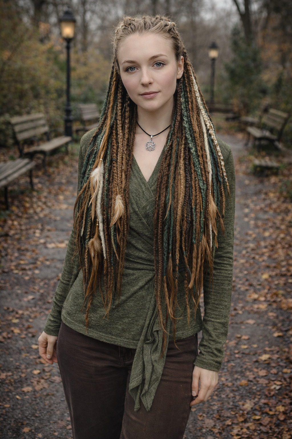 Brown Blonde Green Boho Fake Dreads – Double Ended Synthetic Dreads, Forest Look