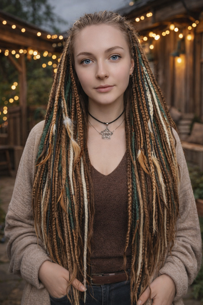Brown Blonde Green Boho Fake Dreads – Double Ended Synthetic Dreads, Forest Look