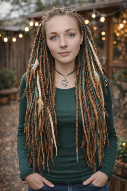 Brown Blonde Green Boho Fake Dreads – Double Ended Synthetic Dreads, Forest Look