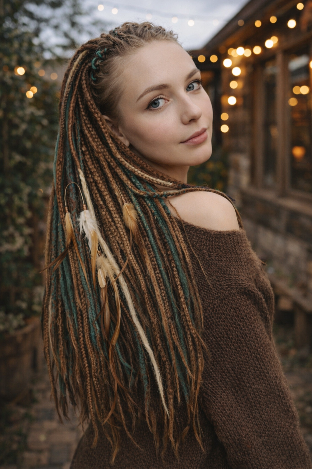 Woman with long braided hair wearing a brown sweater in a festive outdoor setting.