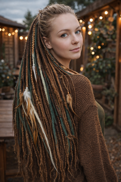Brown Blonde Green Boho Fake Dreads – Double Ended Synthetic Dreads, Forest Look