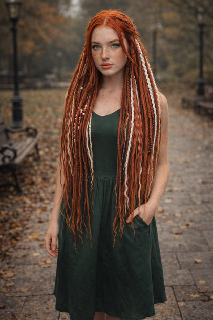 Burnt Copper Auburn Snow White Boho Fake Dreads – Braids and Loose Curls Set