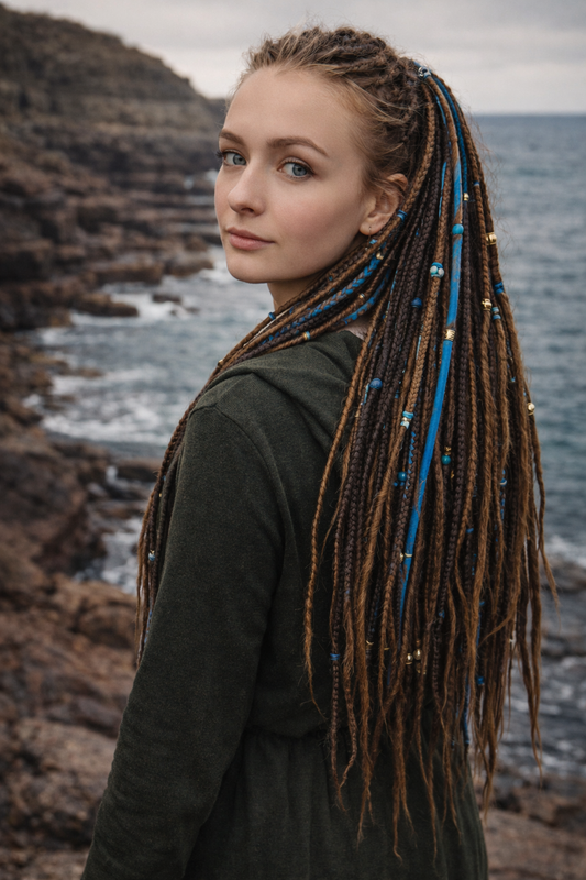 Dunkelbraun Ozeanblau Boho Fake Dreads – Synthetische Dreads und Zöpfe Mix