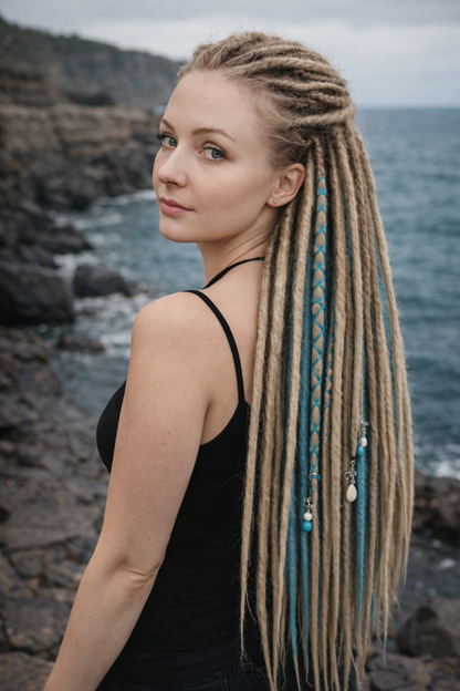 Schmutziges Aschblond Dreadlock Extensions mit blauen Ombre-Akzentsträhnen – Weiche Synthetische Dreads