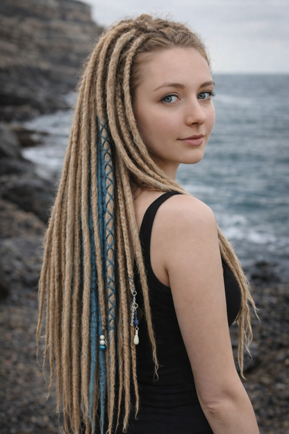 Schmutziges Aschblond Dreadlock Extensions mit blauen Ombre-Akzentsträhnen – Weiche Synthetische Dreads