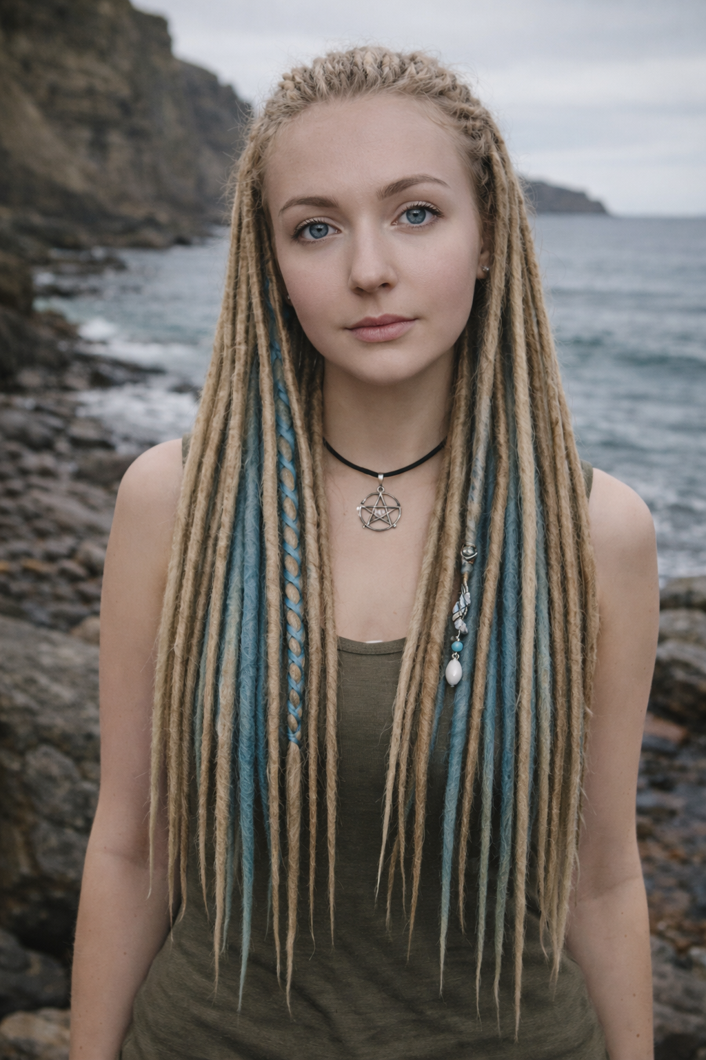 Schmutziges Aschblond Dreadlock Extensions mit blauen Ombre-Akzentsträhnen – Weiche Synthetische Dreads