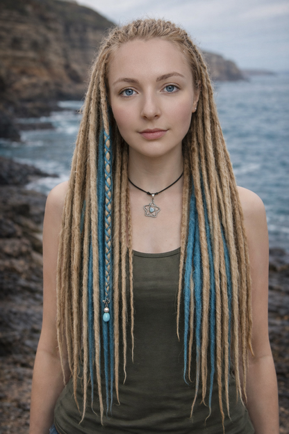 Schmutziges Aschblond Dreadlock Extensions mit blauen Ombre-Akzentsträhnen – Weiche Synthetische Dreads