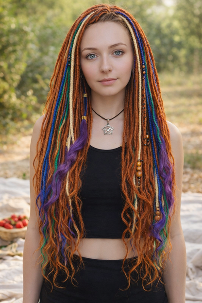 Kupferrotbraune Dreadlock-Extensions mit Locken – Weiche Synthetik-Dreads, leicht