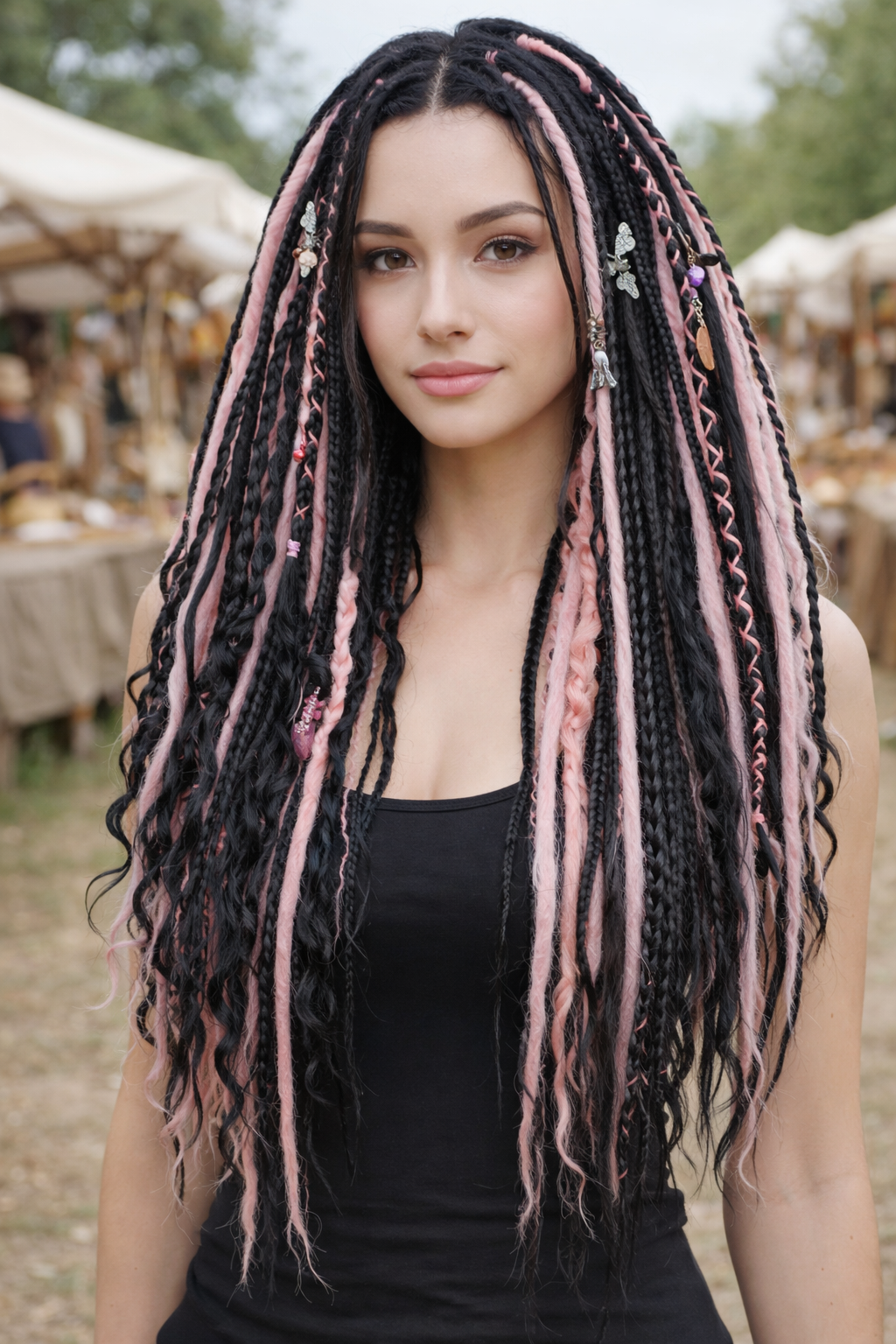 Black & Pink Hidden Base Visible Length Hair Extensions – Dark Romantic Curls with Subtle Dread Accents