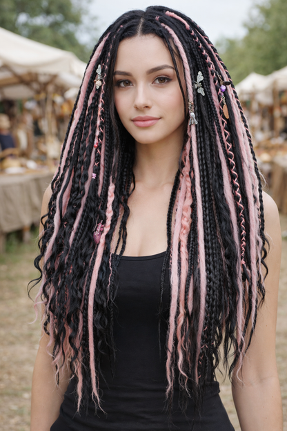 Black & Pink Hidden Base Visible Length Hair Extensions – Dark Romantic Curls with Subtle Dread Accents