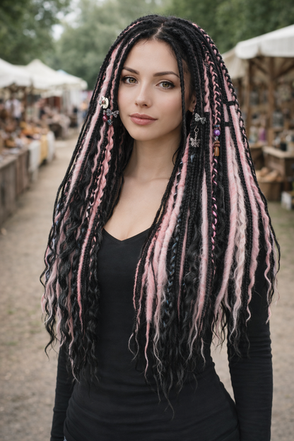 Black & Pink Hidden Base Visible Length Hair Extensions – Dark Romantic Curls with Subtle Dread Accents
