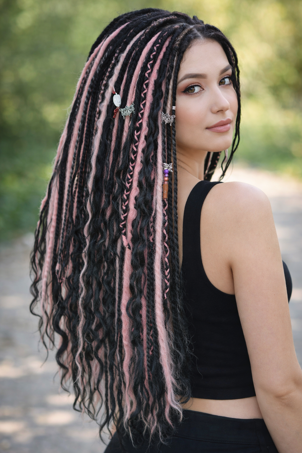 Black & Pink Hidden Base Visible Length Hair Extensions – Dark Romantic Curls with Subtle Dread Accents