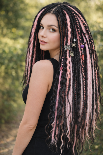 Black & Pink Hidden Base Visible Length Hair Extensions – Dark Romantic Curls with Subtle Dread Accents