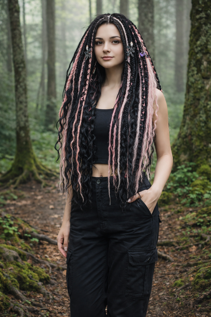 Black & Pink Hidden Base Visible Length Hair Extensions – Dark Romantic Curls with Subtle Dread Accents