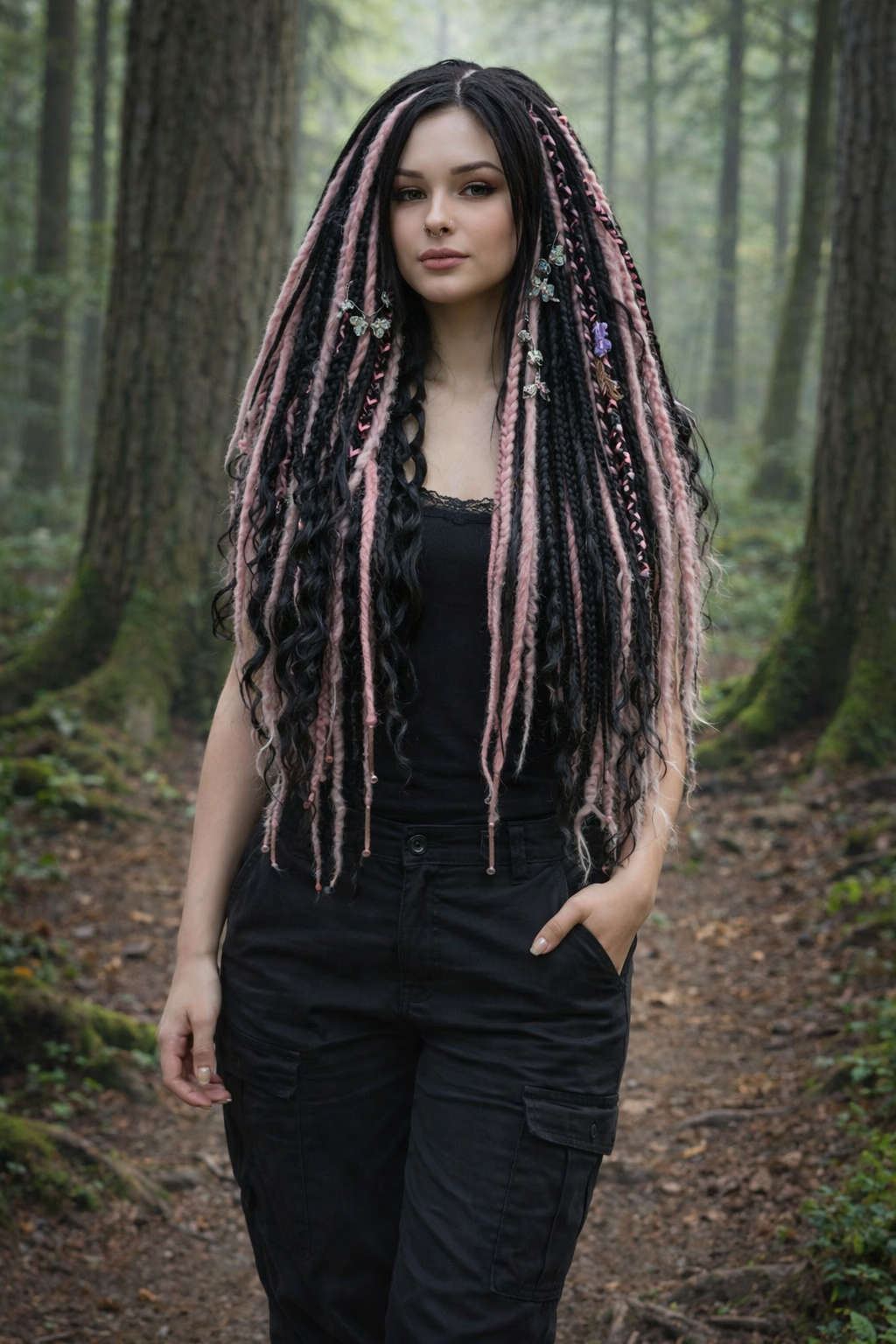 Black & Pink Hidden Base Visible Length Hair Extensions – Dark Romantic Curls with Subtle Dread Accents