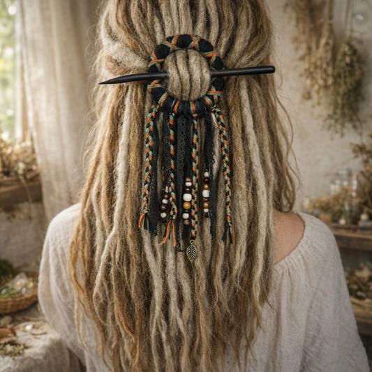 Boho Dreadlock Ring – Handmade Crochet Hair Jewelry with Wooden Stick