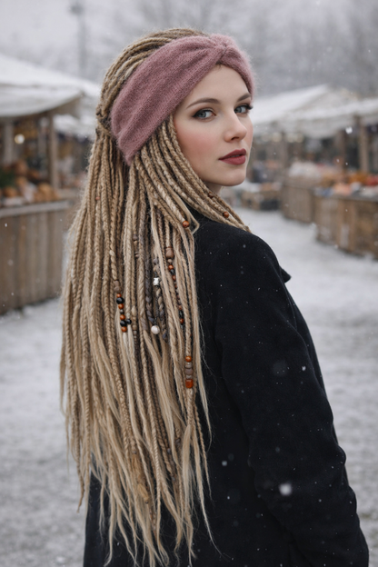 Dusty Rose Angora Headband – Knitted Winter Ear Warmer (Handmade)