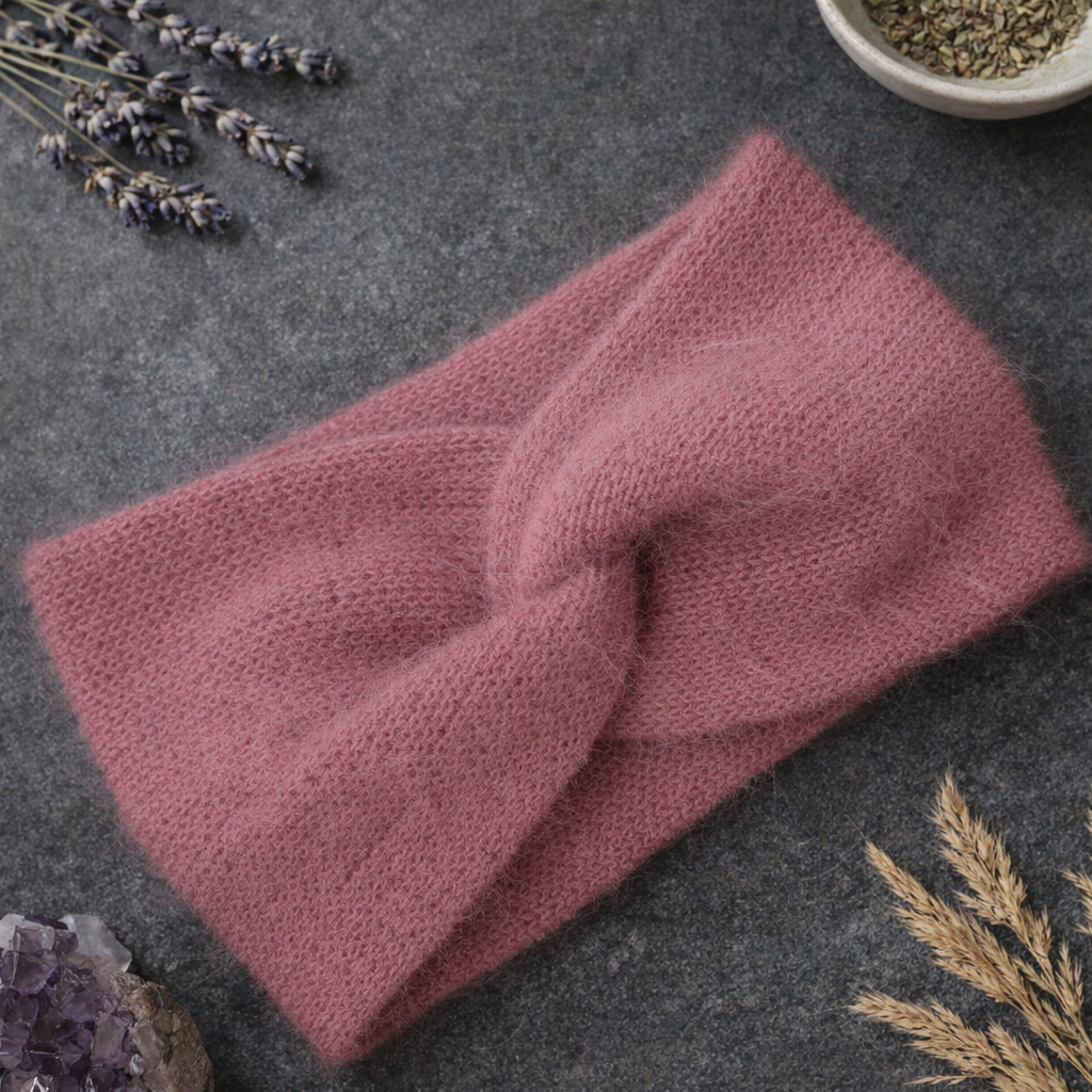 Dusty Rose Angora Headband – Knitted Winter Ear Warmer (Handmade)