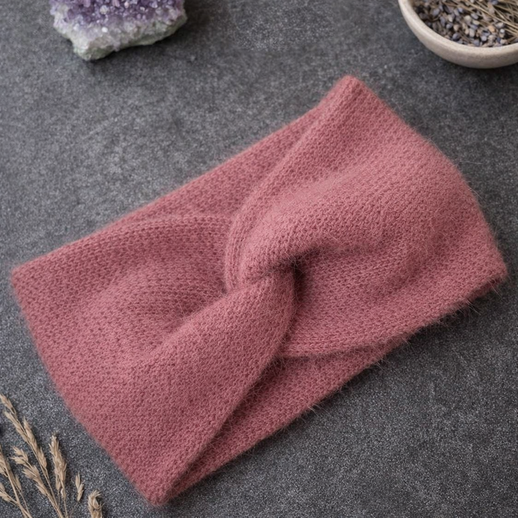 Dusty Rose Angora Headband – Knitted Winter Ear Warmer (Handmade)