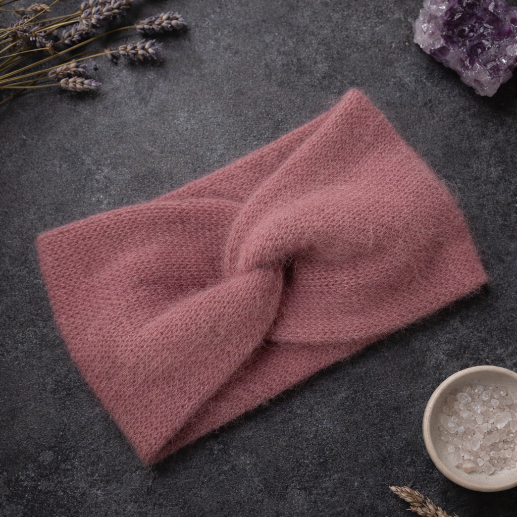 Dusty Rose Angora Headband – Knitted Winter Ear Warmer (Handmade)