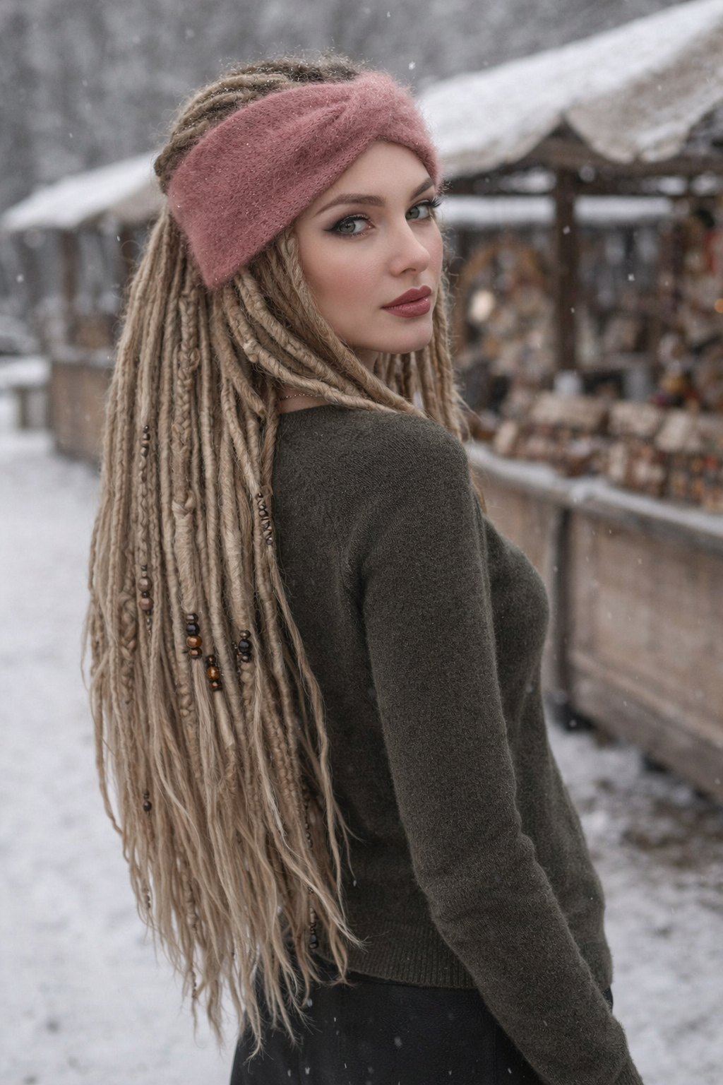 Dusty Rose Angora Headband – Knitted Winter Ear Warmer (Handmade)