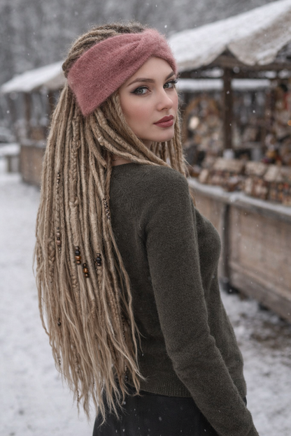 Dusty Rose Angora Headband – Knitted Winter Ear Warmer (Handmade)