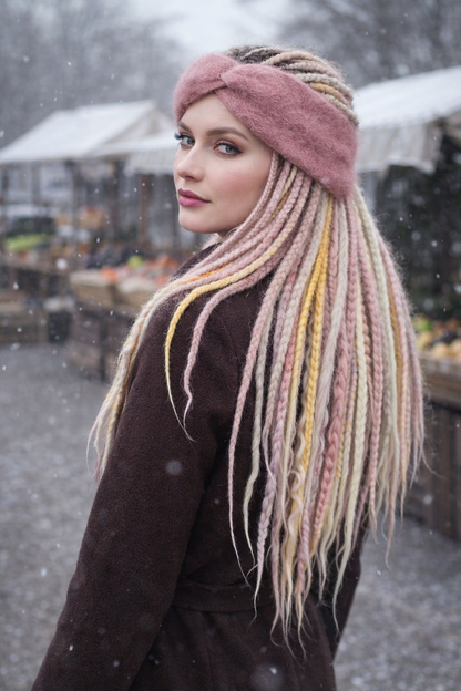 Dusty Rose Angora Headband – Knitted Winter Ear Warmer (Handmade)