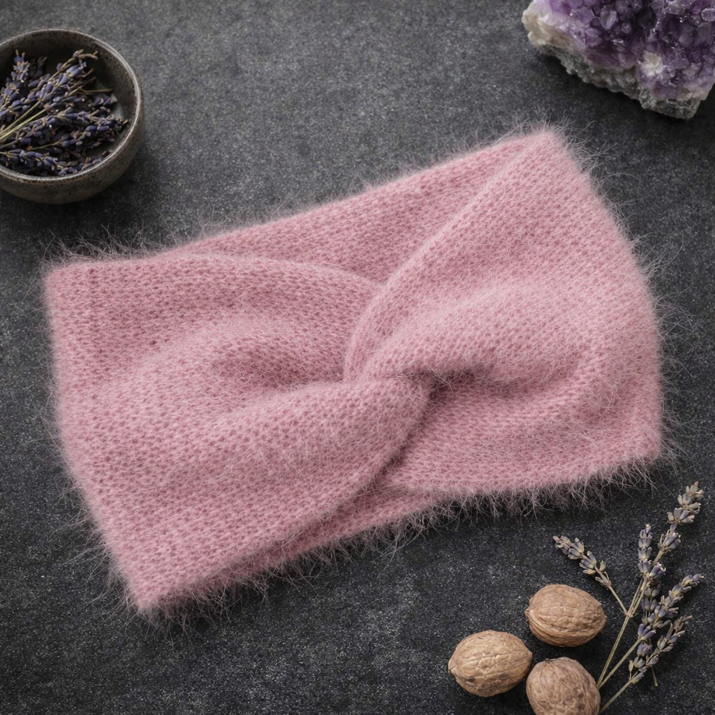 Pale Pink Angora Headband – Handmade Knitted Winter Ear Warmer