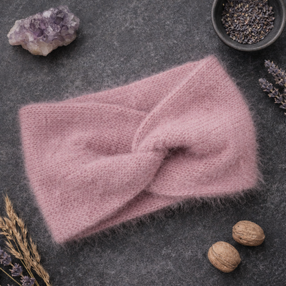 Pale Pink Angora Headband – Handmade Knitted Winter Ear Warmer