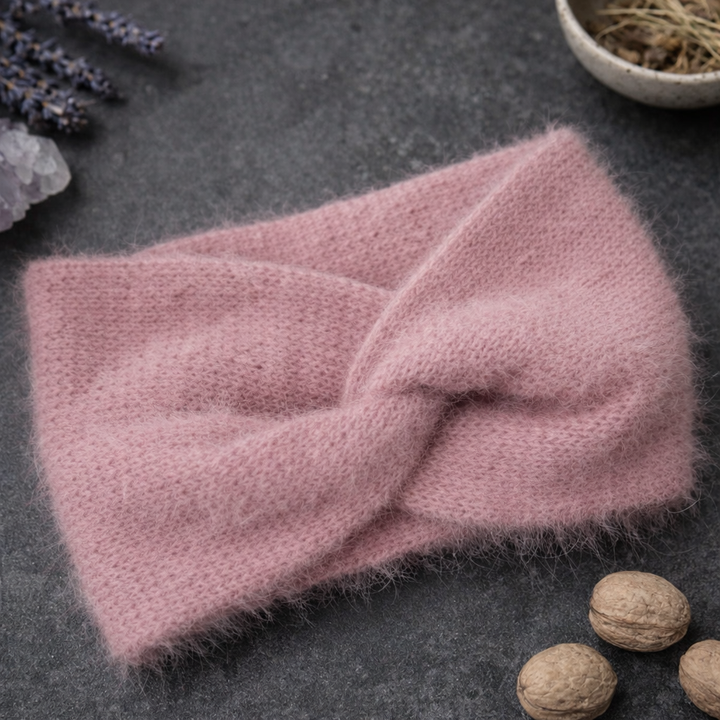 Pale Pink Angora Headband – Handmade Knitted Winter Ear Warmer