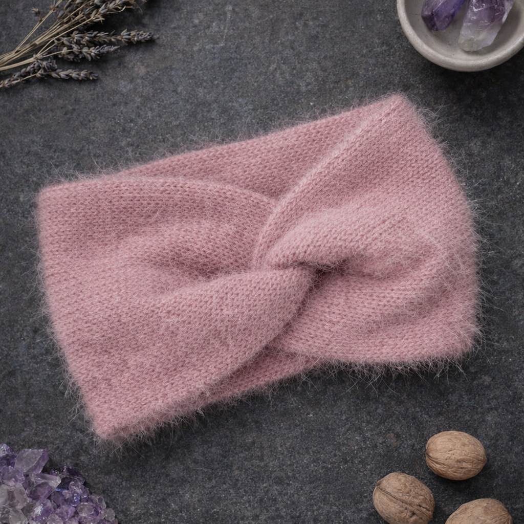 Pale Pink Angora Headband – Handmade Knitted Winter Ear Warmer